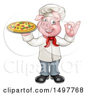 Clipart Of A Full Length Chef Pig Gesturing Perfect And Holding A Pizza Royalty Free Vector Illustration