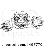 Poster, Art Print Of Wildcat Mascot Shredding Through A Wall With A Cricket Ball Black And White