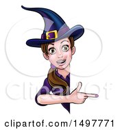 Poster, Art Print Of Brunette Witch Pointing Around A Halloween Sign
