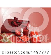 Poster, Art Print Of Red Christmas Background With Gifts And Snowflakes