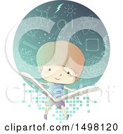 Poster, Art Print Of Sketched Boy Reading A Book About Physics Over Pixels And Icons