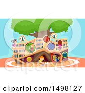 Clipart Of A Group Of Children In A Modern Tree Styled Library Royalty Free Vector Illustration
