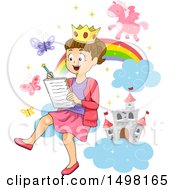 Poster, Art Print Of Girl Writing A Fairy Tale And Imagining A Castle And Unicorn