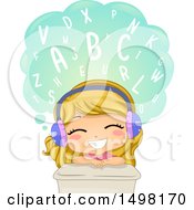 Poster, Art Print Of Girl Learning The Alphabet Or Words And Wearing Headphones