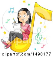 Poster, Art Print Of Girl Sitting On A Music Note And Writing A Song