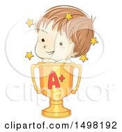 Poster, Art Print Of Sketched School Boy On Top Of A Golden Winner Trophy Cup With An A