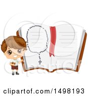 Boy Holding A Bible And Presenting A Giant Notebook With A Rosary