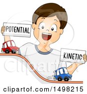 Poster, Art Print Of Brunette Boy Demonstrating Potential And Kinetic Energy With Toy Cars