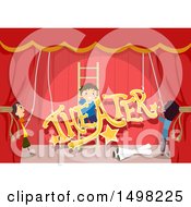 Clipart Of A Group Of Boys Hanging Up Theater Text On A Stage Royalty Free Vector Illustration