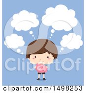 Poster, Art Print Of Boy Thinking And Holding A Piggy Bank Over Blue