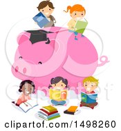 Poster, Art Print Of Giant Piggy Bank With Reading Children