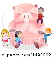 Poster, Art Print Of Giant Piggy Bank And Children