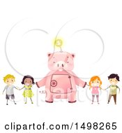 Poster, Art Print Of Giant Piggy Bank Holding Hands With Kids