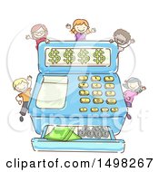 Clipart Of A Sketched Cash Register With Money And Kids Royalty Free Vector Illustration