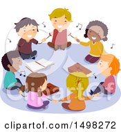 Poster, Art Print Of Group Of Children Sitting On The Floor And Holding Hands While Singing Around Bibles