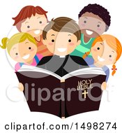 Poster, Art Print Of Priest And Group Of Children Reading The Bible