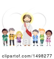 Clipart Of A Group Of Children Praying With Jesus Christ Royalty Free Vector Illustration