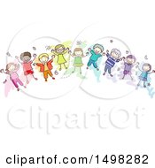 Poster, Art Print Of Sketched Group Of Colorful Children On A Rainbow