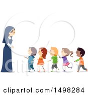 Poster, Art Print Of Happy Nun With A Line Of Children
