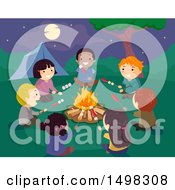 Group Of Children Rosting Hot Dogs And Marshmallows Around A Camp Fire