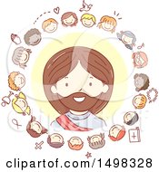 Clipart Of A Sketched Circle Of Children Around Jesus Christ Royalty Free Vector Illustration