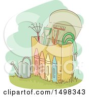 Clipart Of A Sketched Crayon Box With Garden Tools Royalty Free Vector Illustration by BNP Design Studio