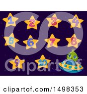 Clipart Of A Cute Alien Flying A Ufo And Star Numbers Royalty Free Vector Illustration