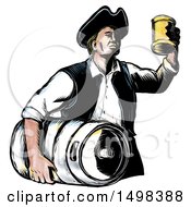 Poster, Art Print Of Vintage American Patriot Holding Up A Beer Mug And Carrying A Keg In Sketch Style On A White Background