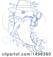 Poster, Art Print Of Blue Sketched Detective Orca Killer Whale Holding A Magnifying Glass