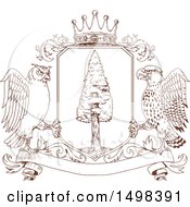 Poster, Art Print Of Coat Of Arms With A Hawk And Owl Around A Redwood Tree Shield Crown And Banner