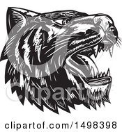 Poster, Art Print Of Woodcut Roaring Tiger Mascot Head In Black And White