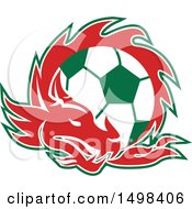 Poster, Art Print Of Red Welsh Dragon Around A Green And White Soccer Ball
