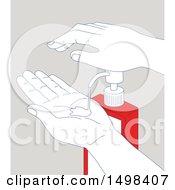 Poster, Art Print Of Pair Of Hands Using A Sanitizer Dispenser On Gray