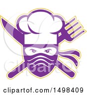 Poster, Art Print Of Ninja Chef Face Over A Crossed Knife And Fork