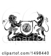 Poster, Art Print Of Rampant Lion And Unicorn Flanking A Shield Over A Banner Black And White Woodcut