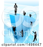 Clipart Of A 3d Blue Bar Graph With A Silhouetted Business Woman On Top And And Men Climbing Royalty Free Vector Illustration by AtStockIllustration
