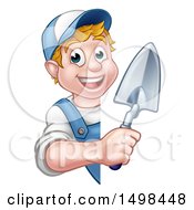 Clipart Of A White Male Mason Worker Holding A Trowel Around A Sign Royalty Free Vector Illustration