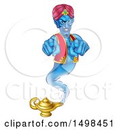 Poster, Art Print Of Blue Genie Pointing Outwards Over His Lamp