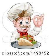 Clipart Of A Caucasian Male Chef Holding A Kebab Sandwich On A Tray And Gesturing Okay Royalty Free Vector Illustration by AtStockIllustration