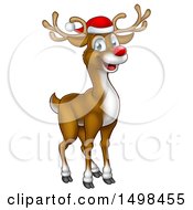 Poster, Art Print Of Happy Red Nosed Reindeer Wearing A Christmas Santa Hat