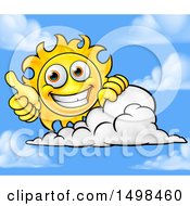 Poster, Art Print Of Happy Sun Mascot Giving A Thumb Up Over A Cloud