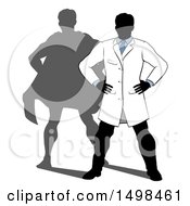 Clipart Of A Faceless Male Scientist Standing With Hands On His Hips And A Super Hero Shadow Royalty Free Vector Illustration