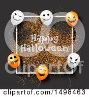 Happy Halloween Greeting With Party Balloons On Gray With Glitter