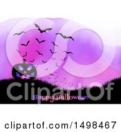 Poster, Art Print Of Happy Halloween Greeting With A Jackolantern Pumpkin On A Hill With Bats Over Purple Watercolor