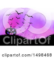 Poster, Art Print Of Halloween Jackolantern Pumpkin On A Hill With Bats Over Purple Watercolor