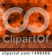 Poster, Art Print Of Halloween Background With Spiders A Web And Wood Surface