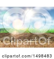 Clipart Of A 3d Wood Surface With Sun Flares And Grass Royalty Free Illustration