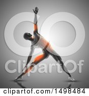 Poster, Art Print Of 3d Man Stretching In A Triangle Pose With Orange Highlighted Muscles Over Gray