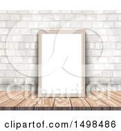 Poster, Art Print Of 3d Blank Picture Frame On A Wood Desk Leaning Against A Stone Wall