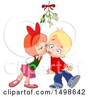 Clipart Of A Girl Kissing A Boy On The Cheek Uner Christmas Mistletoe Royalty Free Vector Illustration